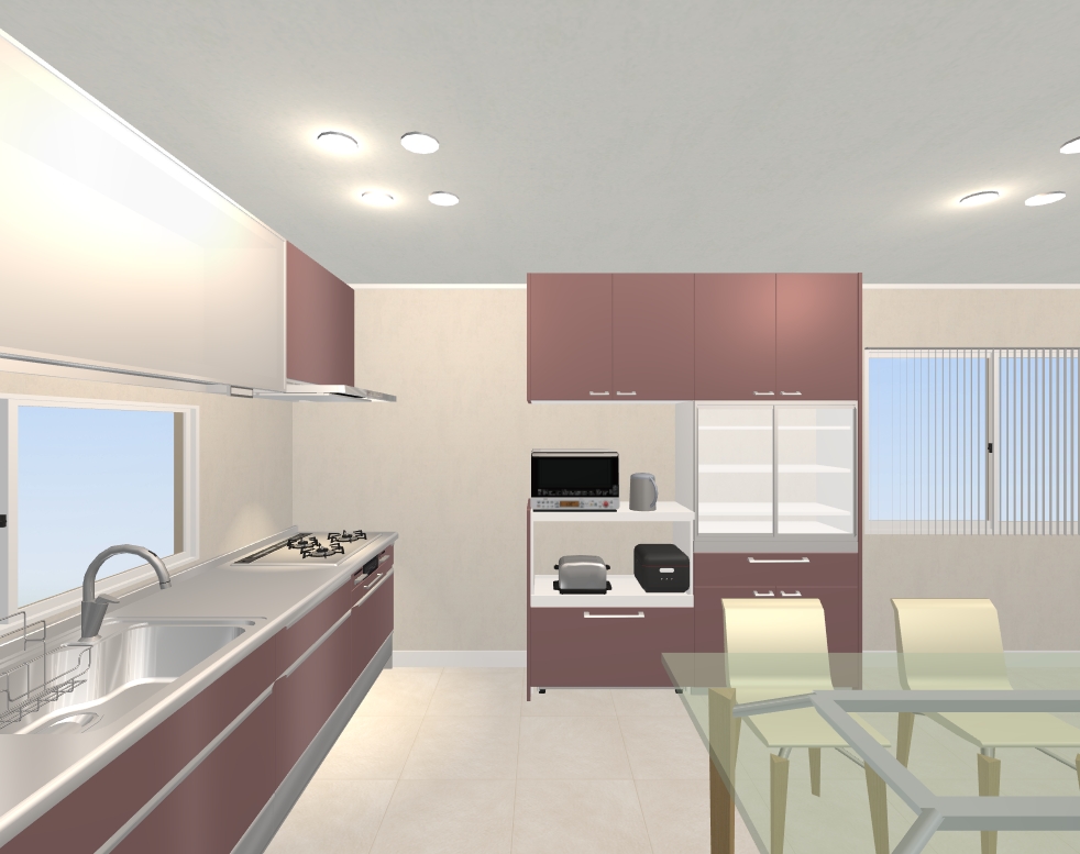 壁付けのＩ型キッチンと、家電や食器棚をサイドに組み合わせたレイアウト②