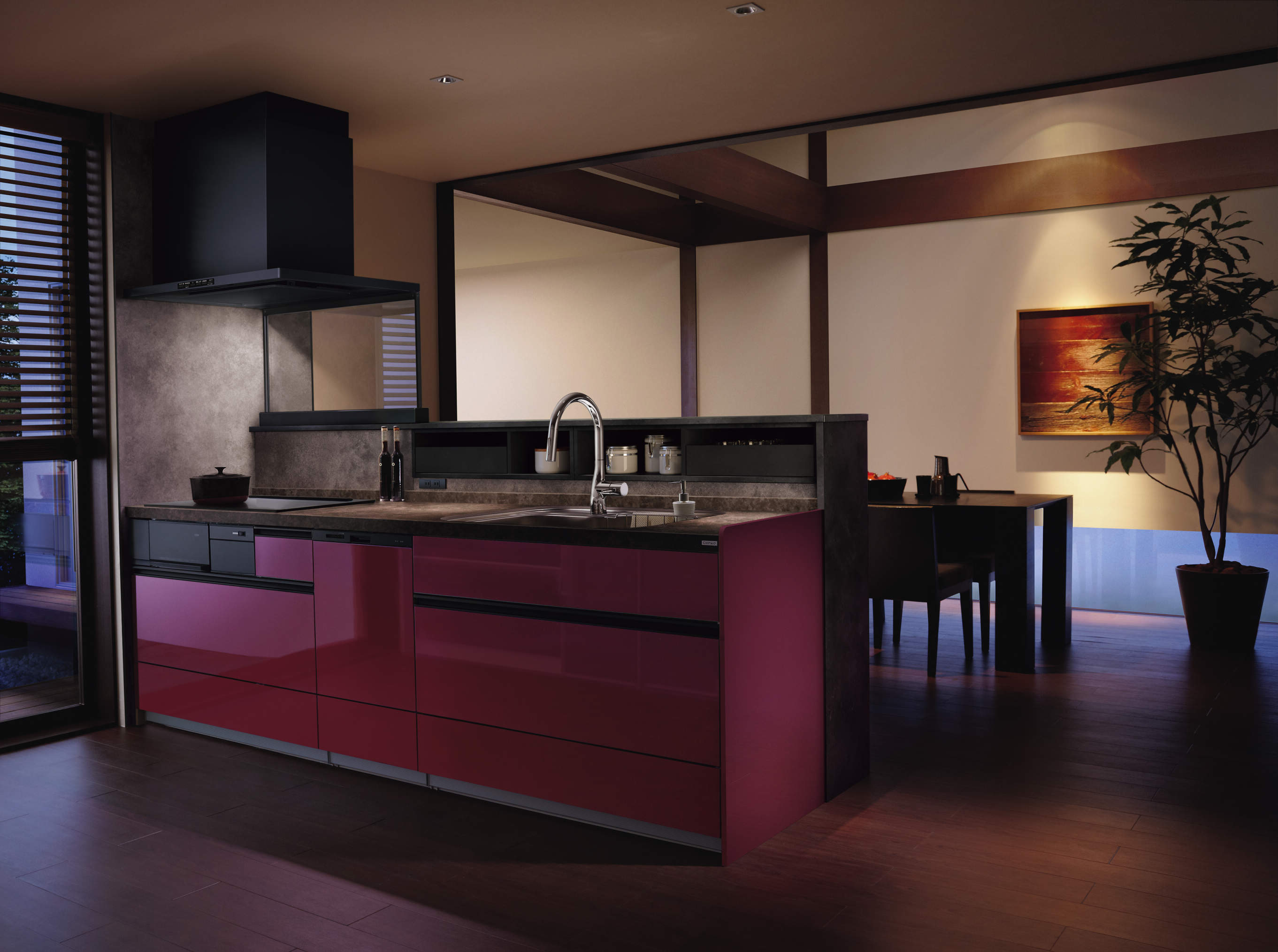 和のテイストに存在感のあるレッド色のキッチン サムネイル画像