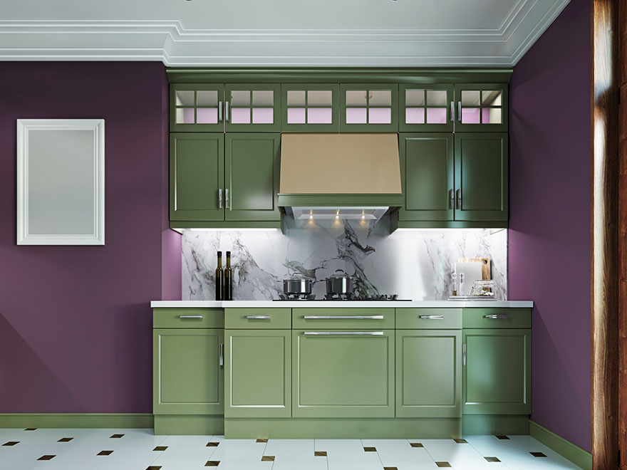 グリーンの収納扉×キッチンの壁色の組み合わせも意識